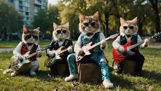 Cats playing guitar and drums in the park