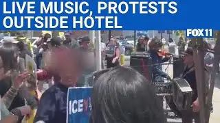 Live music, loud protests outside hotel housing ICE agents | FOX 11 LA