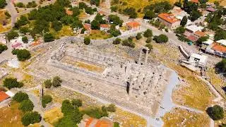 Dolly zoom. Didim, Turkey. Educational aerial view of Apollo Temple at Didyma, ancient history le...