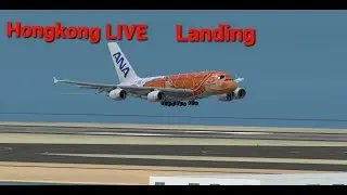 Live  A380 landing in HONG KONG INTL airport and taxiing to gate