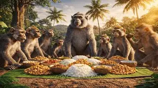 Monkeys Made Coconut Rice in Jungle Village  Desi Style 🥥🍚🔥