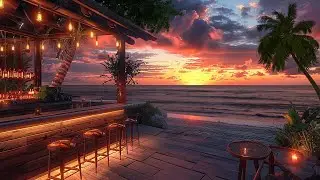 Glow Sunset On Beach: Soothing Ocean Waves & Fire ASMR For Relaxation | Relax at the beach bar