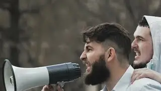Angry Football Fans Scream on Street in a Megaphone. Caucasian People on Strike. | Motion Graphics