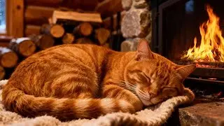 🔥Cozy Fireplace Crackling 24/7 | 🐈Sleeping Orange Cat | ❄️Winter Ambience