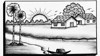 Simple Scenery Drawing||How To Draw Beautiful Village Scenery||Easy Sunrise Village Nature Drawing