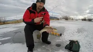 Ice Fishing Small Pond in Montana on Early Ice