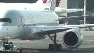Airbus A350 900 DOH - CDG Qatar Airways Paris flight QR37 towing taxi smoke engine start
