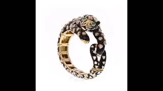 David Webb Platinum & 18K Yellow Gold Enamel, Diamonds Green Emeralds Leopard Bracelet