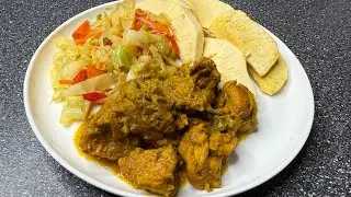 Curry Chicken with Roast Breadfruit & Steamed Cabbage 