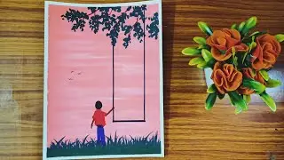 Boy with swing easy scenery drawing / Drawing with cheap brush pen/ step by step