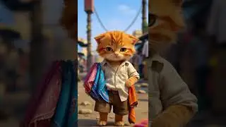 poor kitten worked hard and buy fish net to catch fish then eat it