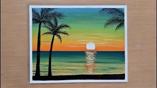 Easy Sunrise Landscape Painting Tutorial step by step | Sunrise with Coconut Tree Painting