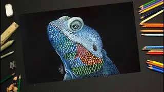 Ящерица, снятая в режиме покадровой съёмки маркерами POSCA &mdash; акриловые маркеры и Caran d&rsquo;Ache &mdash; гиперреалистичный рисунок