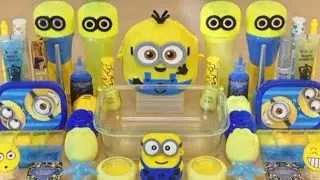 MINION SLIME💛💙💛💙 Mixing makeup and glitter into Clear Slime 100% ASMR Satisfying💛 Slime