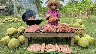 Pig intestine Cooking with Coconut | Spicy Pork Recipe | MUKBANG ASMR