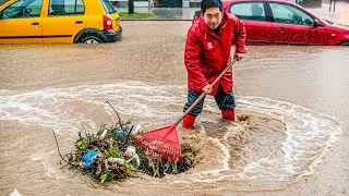 Cleaning All Debris and Trash From Sewer - Draining All Flooding On street