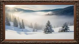 Misty Winter Morning in the Mountains, Peaceful Snow Landscape | Gold Framed TV Art Screensaver