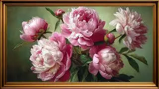 Pink Peonies Painting oil  with Gold Frame for TV | Decorative Background 