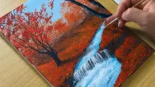 Step by Step Acrylic Painting Tutorial | Beautiful Autumn Waterfall Scenery