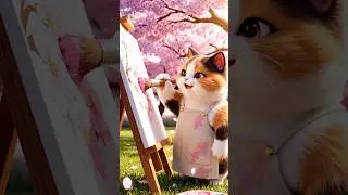Painting Petal Moments🌸🐱Cute 3D Calico Cat Creates Art in a Cherry Blossom Garden #Shorts #cutecat