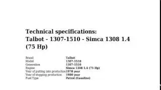 Talbot - 1307-1510 - Simca 1308 1.4 (75 Hp) - Technical specifications