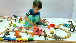 Animal Toys Adventure on Wooden Train Tracks 🚂 Ibrahim Finds Lion, Tiger & Dinosaurs 
