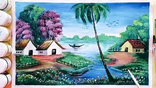 Beautiful Indian Village Scenery Painting Riverside Village Landscape Painting with acrylic colour