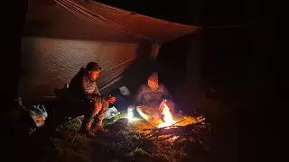 Wildcamping in Winter, UK woodland - Phoxx 2 tent and tarp, cooking over the fire  