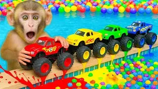 El mono BinBin prepara un jugo de frutas colorido con el beb&eacute; mono y se va a nadar.