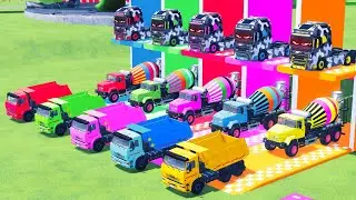 Garage with Colors - ALL MIXER TRUCK WITH DOUBLE FLATBED TRAILER TRUCK, VOLVO, MERCEDES, KOMATSU
