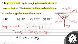 A boy of mass \( 40 \mathrm{~kg} \) is hanging from a horizontal branch of a tree. The tension i...
