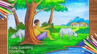 Village scenery drawing with animal and human figure | How to draw scenery with cow
