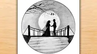 Circle Scenery Drawing Easy | Romantic couple Night Scenery Drawing | Pencil Drawing | Easy Drawing