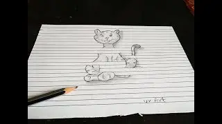 3D Cat 🐈 Drawing on Lined paper or fake Lined paper Optical Illusion-3D Art Tricks