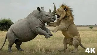 Who will win? The rhinoceros or the lion?