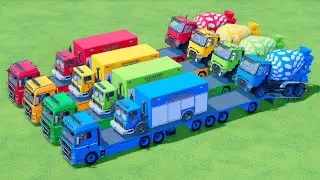 TRANSPORTING COLORED MIXER TRUCK, FIRE ENGINE, RENAULT, MAN, MACK, VOLVO WITH FLATBED TRAILER TRUCKS