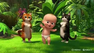 two cute cats dancing with a baby filled with happiness