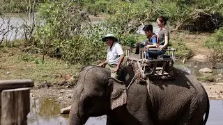 TinTin riding an elephant for the first time ever in Đăk Lăk- a highland province in Vietnam.