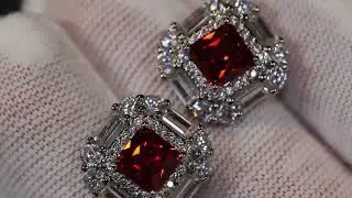 Red princess cut diamond earrings, baguette ear studs, red diamond ear studs, red diamond jewelry