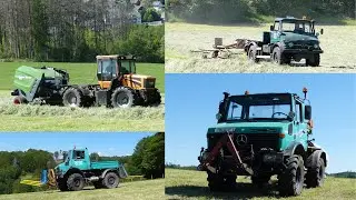 Siloballen pressen , wickeln , abfahren mit MB Unimog (U1400, U1600, U406) und Doppstadt Trac 150