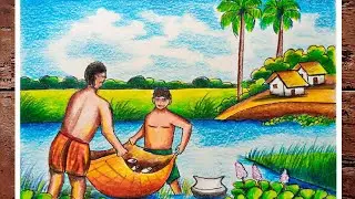 How to Draw Fishing Scenery step by step - Village Fishing Scenery Drawing