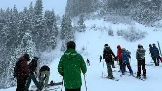 Skiing at Whistler Mountain, Creekside, Big Red. Fresh snow, windy.