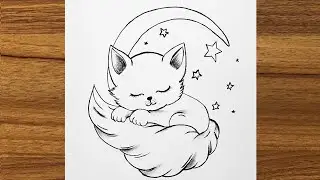 Drawing of a cute fox next to the moon |cute drawing for beginners