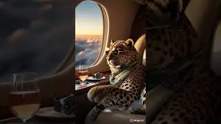 The leopard adjusts its scarf while gazing out the private jet window