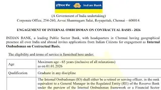 Indian Bank Recruitment 2026: Internal Ombudsman Vacancy | Eligibility & Selection Process |Details 