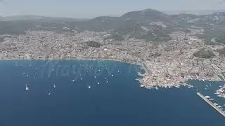 D-Log M. Marmaris, Turkey. Panoramic aerial drone view of the city bay with many yachts and sailb...