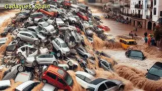 Dozens of cars were swept away, shocking flooding hit Cadaqu&eacute;s in Girona, Spain today