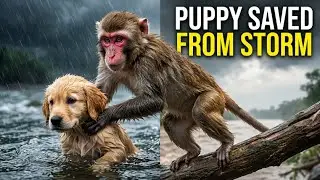 🌩️ Заснято на камеру: обезьяна спасает щенка во время смертельного шторма 🌊🐒