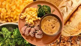 Pork Roulade Dinner with Mushroom Soup, Gourmet Mac & Cheese & Fresh Sourdough Bread 