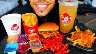 ASMR WENDY'S JERRY EATING SHOW HOT CHEETOS CHEESE FRIES CHICKEN NUGGETS FROSTY MUKBANG NO TALKING